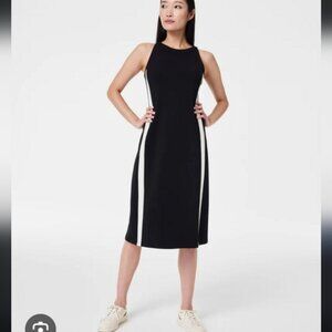 NWT SPANX AirEssentials Side Stripe Midi Dress Black White Medium Air Essentials